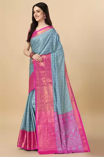 Sky Blue Self Jacqurd Cotton Silk Dharmavarm Saree With Blouse