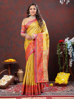 Women's latest design yellow color kanjivaram silk saree with blouse piece 5