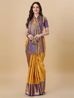 Yellow Self Jacqurd Cotton Silk Dharmavarm Saree With Blouse 1