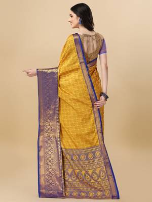 Yellow Self Jacqurd Cotton Silk Dharmavarm Saree With Blouse 2