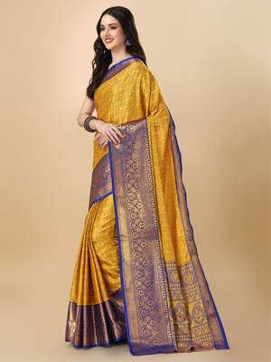 Yellow Self Jacqurd Cotton Silk Dharmavarm Saree With Blouse 3