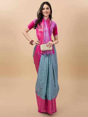 Sky Blue Self Jacqurd Cotton Silk Dharmavarm Saree With Blouse 1