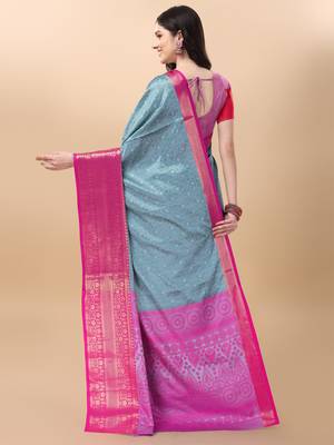 Sky Blue Self Jacqurd Cotton Silk Dharmavarm Saree With Blouse 2