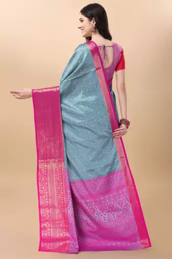 Sky Blue Self Jacqurd Cotton Silk Dharmavarm Saree With Blouse
