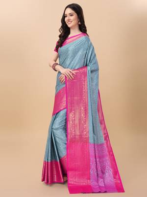Sky Blue Self Jacqurd Cotton Silk Dharmavarm Saree With Blouse 3