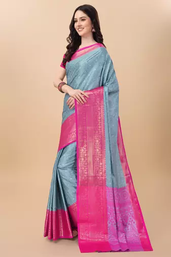 Sky Blue Self Jacqurd Cotton Silk Dharmavarm Saree With Blouse