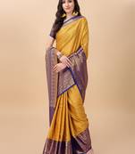 Yellow Self Jacqurd Cotton Silk Dharmavarm Saree With Blouse