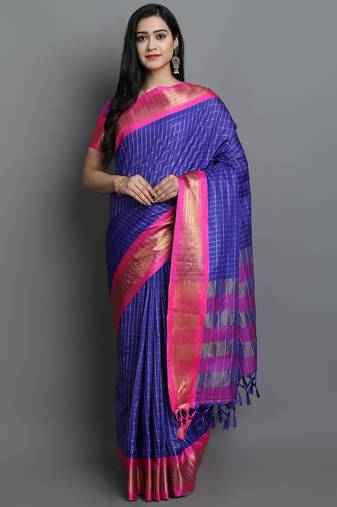 Blue Woven Cotton Silk Dharmavaram Silk Blend Saree With Blouse