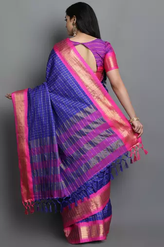 Blue Woven Cotton Silk Dharmavaram Silk Blend Saree With Blouse