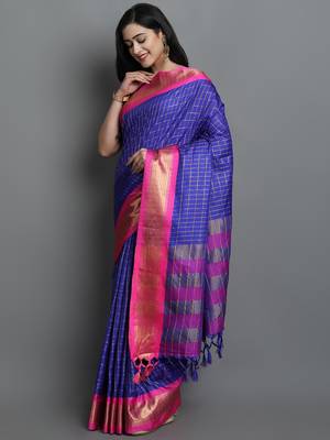 Blue Woven Cotton Silk Dharmavaram Silk Blend Saree With Blouse 3
