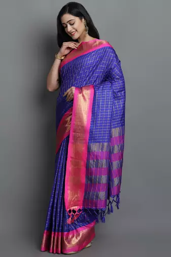Blue Woven Cotton Silk Dharmavaram Silk Blend Saree With Blouse