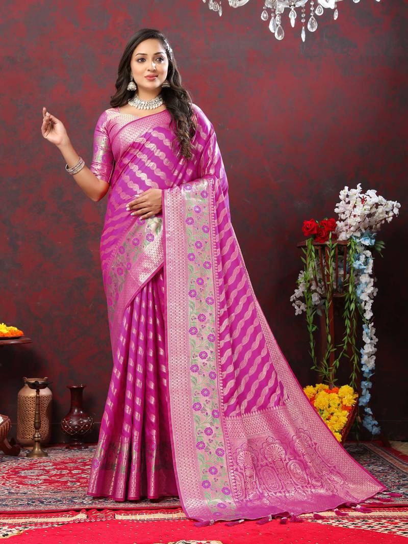 Women's latest design rani color soft silk saree with blouse piece