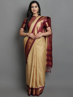 Beige Woven Cotton Silk Dharmavaram Silk Blend Saree With Blouse 1