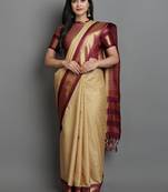 Beige Woven Cotton Silk Dharmavaram Silk Blend Saree With Blouse