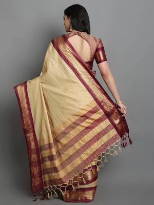 Beige Woven Cotton Silk Dharmavaram Silk Blend Saree With Blouse 2