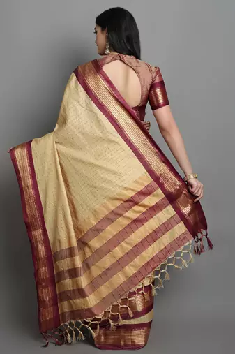 Beige Woven Cotton Silk Dharmavaram Silk Blend Saree With Blouse