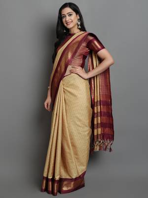 Beige Woven Cotton Silk Dharmavaram Silk Blend Saree With Blouse 3