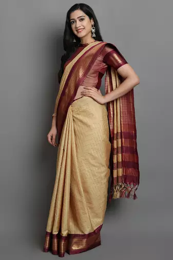 Beige Woven Cotton Silk Dharmavaram Silk Blend Saree With Blouse