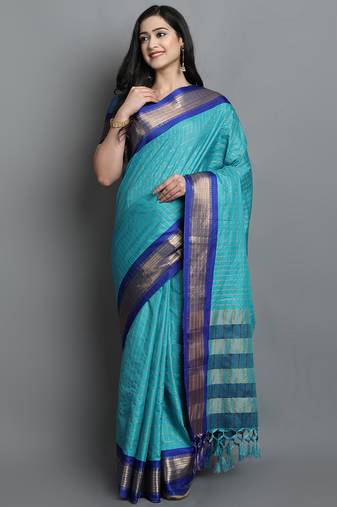 Turqunoise Woven Cotton Silk Dharmavaram Silk Blend Saree With Blouse