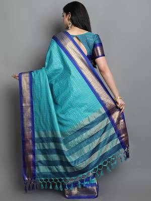 Turqunoise Woven Cotton Silk Dharmavaram Silk Blend Saree With Blouse 2