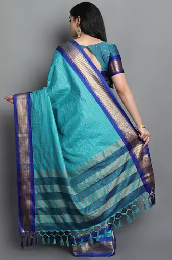 Turqunoise Woven Cotton Silk Dharmavaram Silk Blend Saree With Blouse