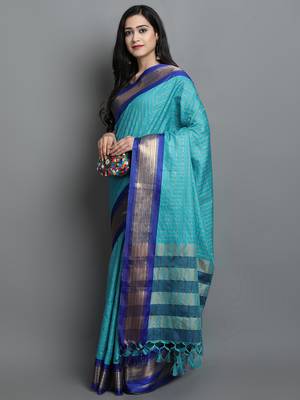 Turqunoise Woven Cotton Silk Dharmavaram Silk Blend Saree With Blouse 3