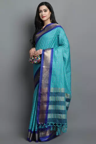 Turqunoise Woven Cotton Silk Dharmavaram Silk Blend Saree With Blouse