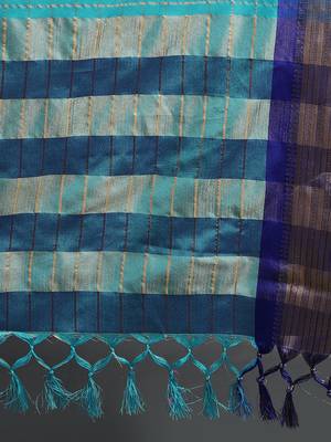 Turqunoise Woven Cotton Silk Dharmavaram Silk Blend Saree With Blouse 5