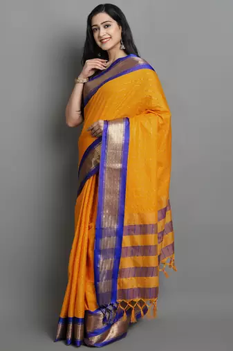 Gold Woven Cotton Silk Dharmavaram Silk Blend Saree With Blouse