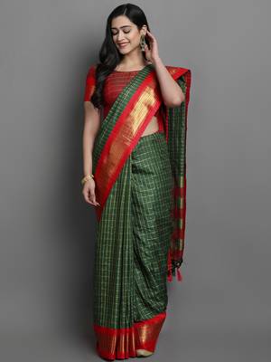 Green Woven Cotton Silk Dharmavaram Silk Blend Saree With Blouse 1