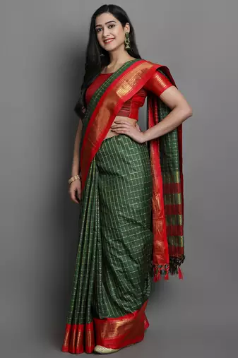 Green Woven Cotton Silk Dharmavaram Silk Blend Saree With Blouse