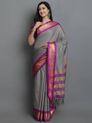 Grey Woven Cotton Silk Dharmavaram Silk Blend Saree With Blouse 1