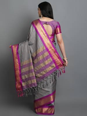Grey Woven Cotton Silk Dharmavaram Silk Blend Saree With Blouse 2