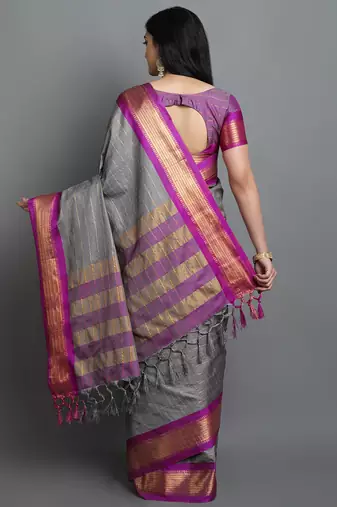 Grey Woven Cotton Silk Dharmavaram Silk Blend Saree With Blouse
