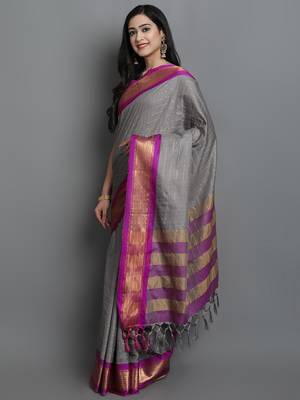 Grey Woven Cotton Silk Dharmavaram Silk Blend Saree With Blouse 3