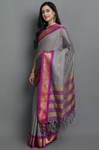 Grey Woven Cotton Silk Dharmavaram Silk Blend Saree With Blouse