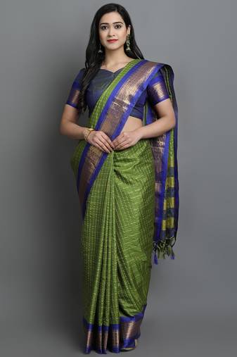 Dark Green Woven Cotton Silk Dharmavaram Silk Blend Saree With Blouse