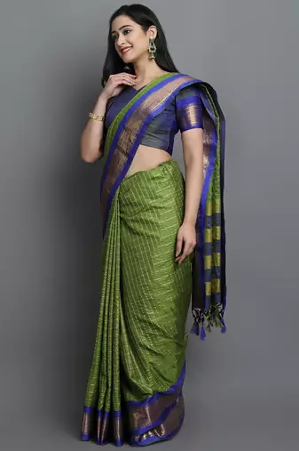 Dark Green Woven Cotton Silk Dharmavaram Silk Blend Saree With Blouse