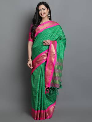 Mint Green Woven Cotton Silk Dharmavaram Silk Blend Saree With Blouse 1