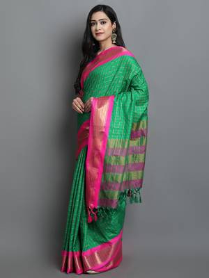 Mint Green Woven Cotton Silk Dharmavaram Silk Blend Saree With Blouse 3