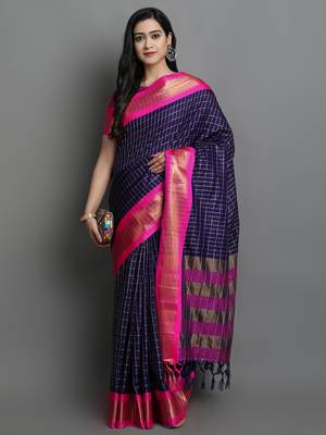 Dark Blue Woven Cotton Silk Dharmavaram Silk Blend Saree With Blouse 1