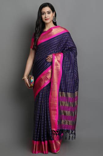 Dark Blue Woven Cotton Silk Dharmavaram Silk Blend Saree With Blouse
