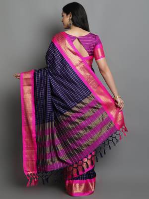 Dark Blue Woven Cotton Silk Dharmavaram Silk Blend Saree With Blouse 2