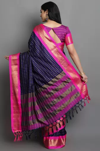 Dark Blue Woven Cotton Silk Dharmavaram Silk Blend Saree With Blouse