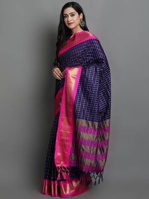 Dark Blue Woven Cotton Silk Dharmavaram Silk Blend Saree With Blouse 3