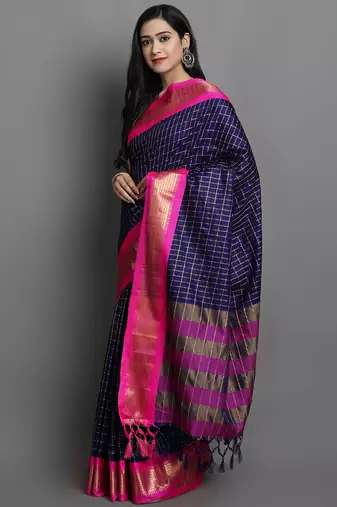 Dark Blue Woven Cotton Silk Dharmavaram Silk Blend Saree With Blouse