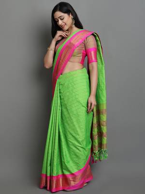Light Green Woven Cotton Silk Dharmavaram Silk Blend Saree With Blouse 3