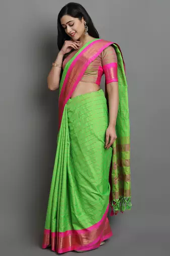 Light Green Woven Cotton Silk Dharmavaram Silk Blend Saree With Blouse