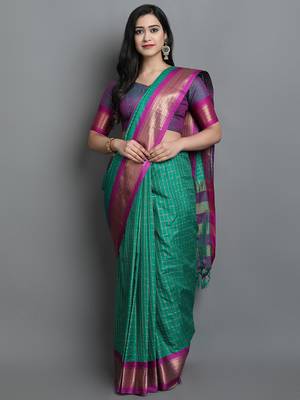 Rama Green Woven Cotton Silk Dharmavaram Silk Blend Saree With Blouse 1