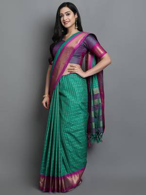 Rama Green Woven Cotton Silk Dharmavaram Silk Blend Saree With Blouse 3